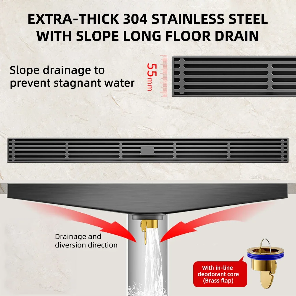 

Bathroom Floor Drain with Slope 5.5cm Wide Extremely Narrow Floor Drain Gun Gray Bathroom Drainage with Brass Anti-Odor Core