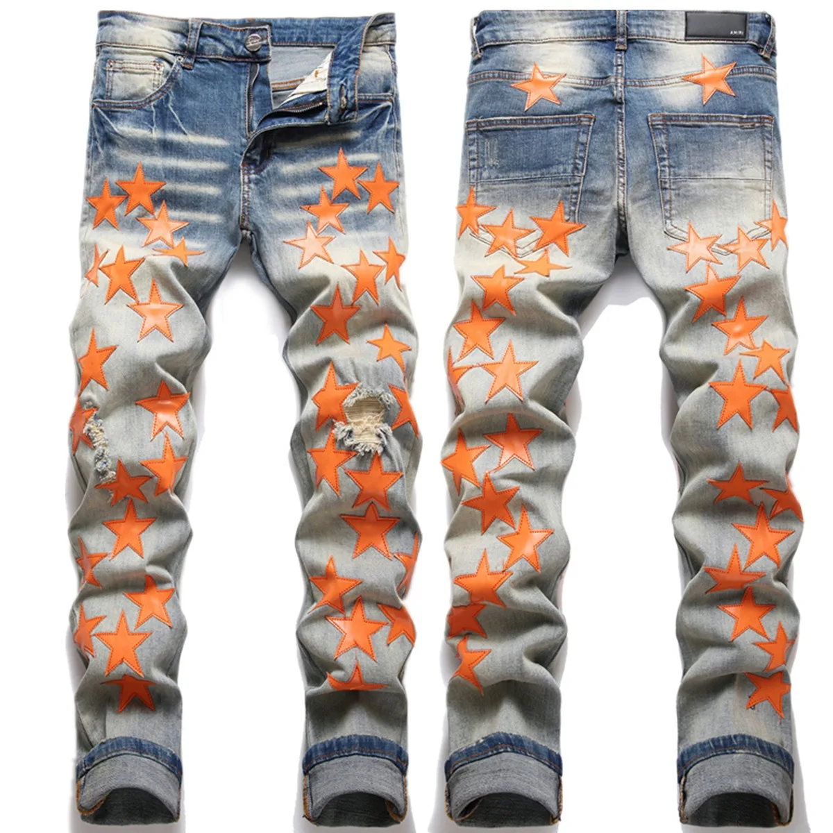 Light Luxury Men’s Street Fashion Light Blue Jeans,Stars Patches Ripped Denim Pants,Trendy Stretch Casual Jeans Pants;