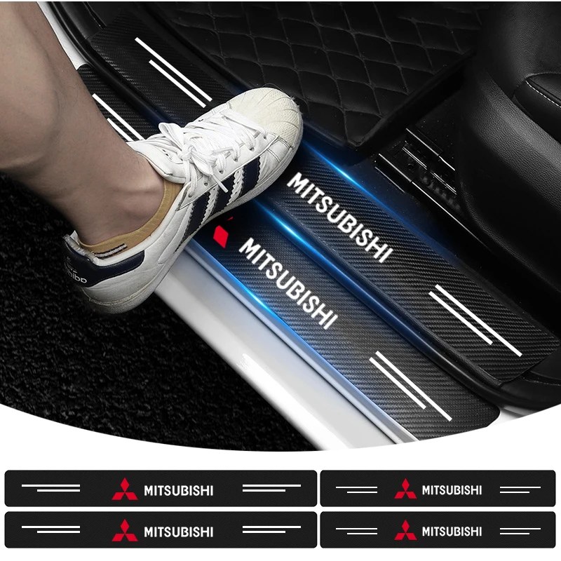Protector de umbral de puerta de coche de fibra de carbono, pegatinas con emblema para Mitsubishi ASX Lancer Pajero Outlander L200 EVO Lancer EX