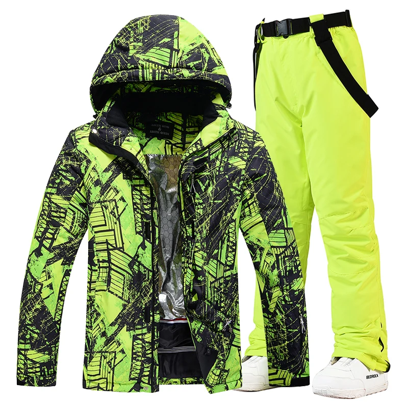 Colorful -30 Men\'s Ice Snow Suit Sets Outdoor Sports Snowboarding Clothing Waterproof Skiing Wear Winter Jackets and Strap Pants