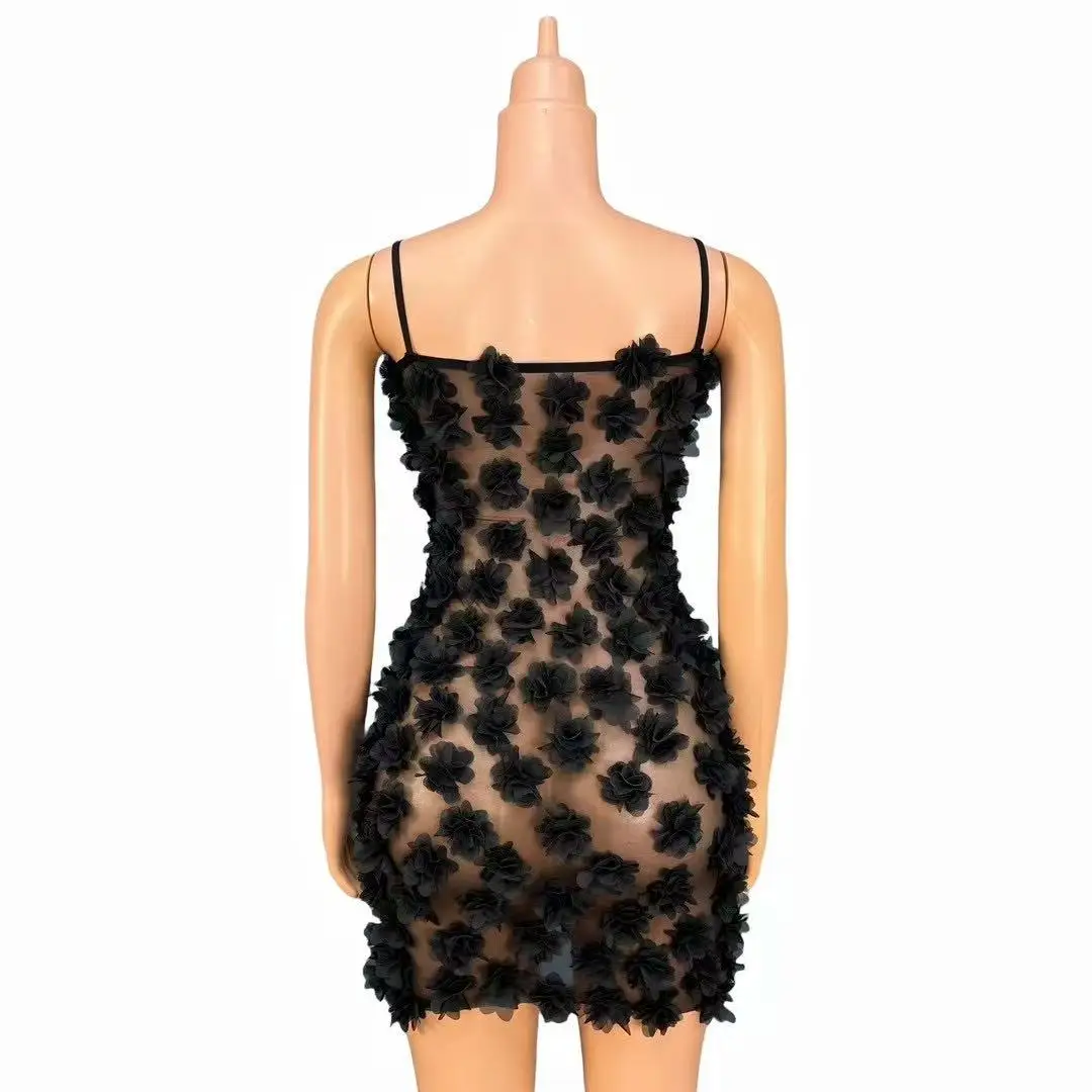 Mini abito sexy da donna con fiori neri, bretelle, sexy, in rete trasparente, per feste, sfilate di moda, abiti da palcoscenico