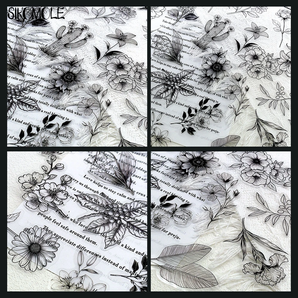 50PCS สีดําและสีขาวพืชโปร่งใสหมึกดอกไม้ Graffiti หนังสือสติกเกอร์ INS DIY ไดอารี่ตกแต่งบัญชีสเก็ตบอร์ดสติกเกอร์