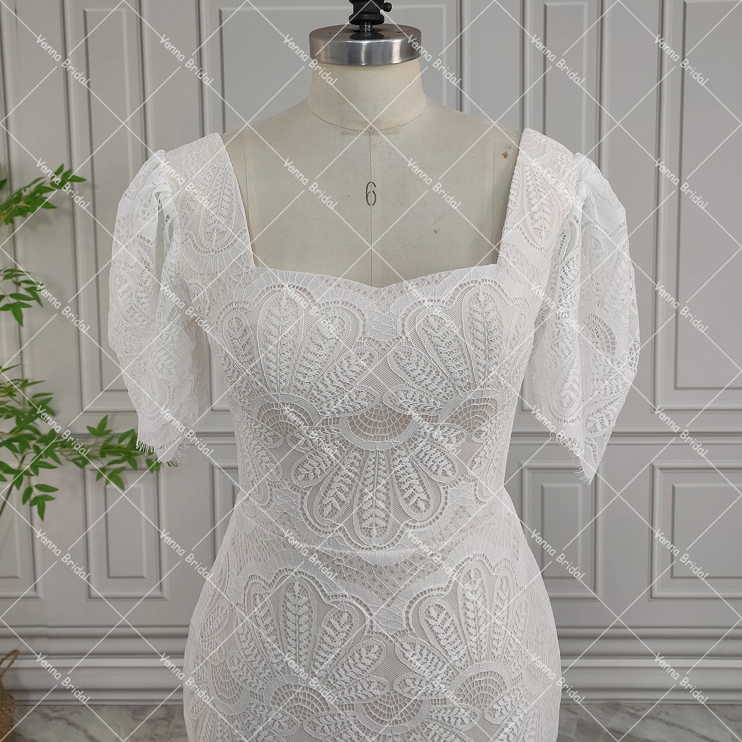 Square Neck Customized Lace Mermaid Wedding Dress Short Flutter Sleeves Plus Size Backless Sweep Train Drop Ship Bridal Gowns