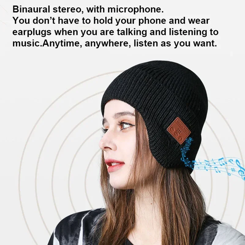 Wireless Bluetooth 5.0 Hat Outdoor Warm Music Headset with MIC for Handsfree Rechargeable Earphone Gift for Men Women Headphone