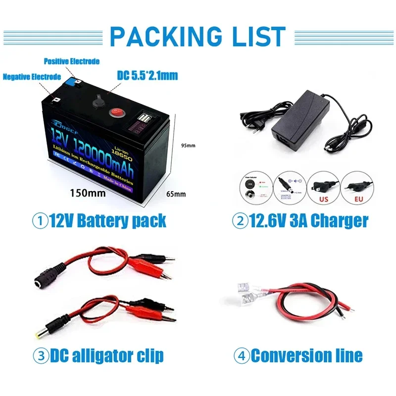 Upgraded 12v  Li Ion 18650 Battery Electric Vehicle Lithium Battery Pack 9V- 12V 120Ah Built-in BMS 30A High Current