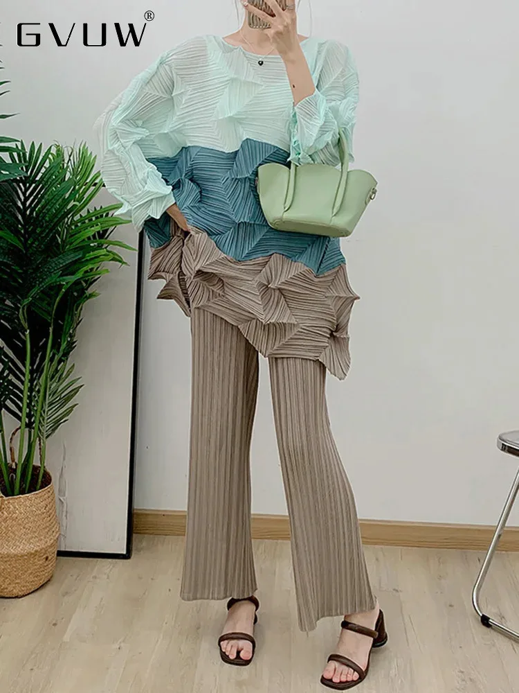 GVUW Pleated Color Block 2 Pieces Set Women Full Sleeve Tops + Wide Leg Pants Niche Design New 2024 Female Clothing 17G8026