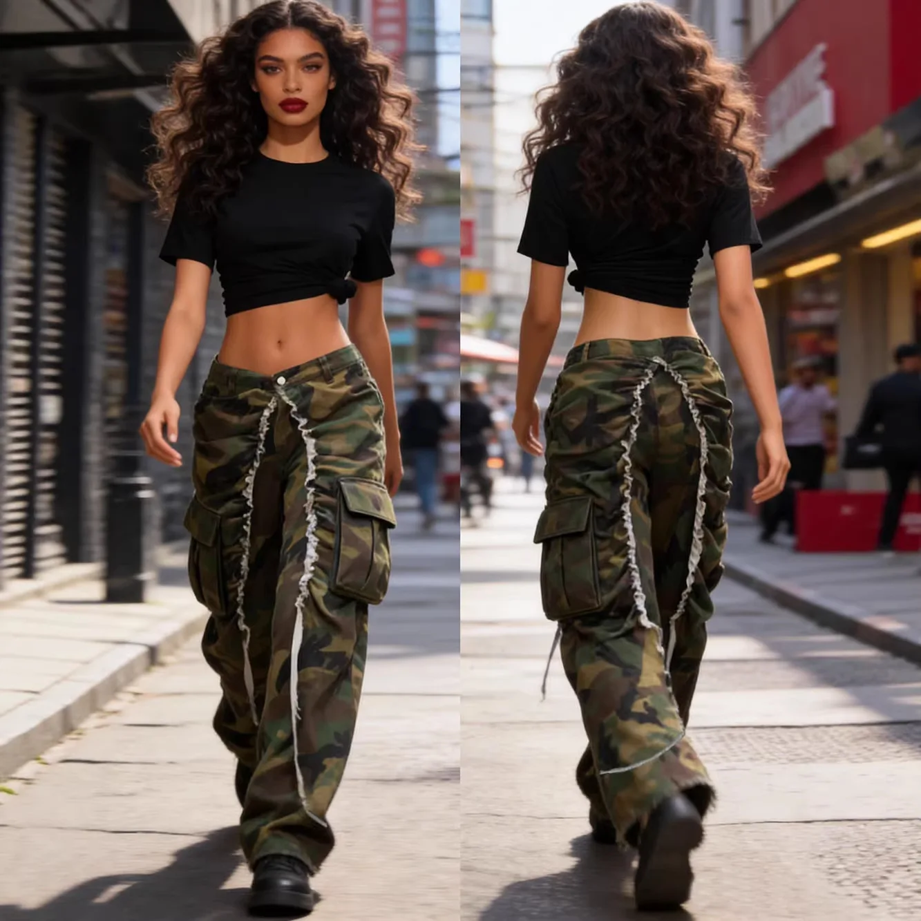 

Cargo Jeans Women Camouflage Straight Pants High Waist Vintage Washed Denims Trousers Multiple Pockets Streetwear Floor Length
