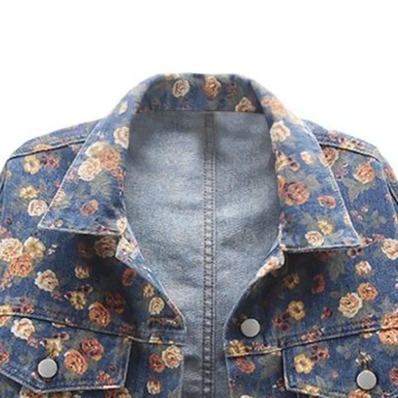 Women's Spring Autumn Tops Jacket Cowboy Printed Short Vintage Simple Loose Leisure Design Fashion Advanced Soft Niche Skinny