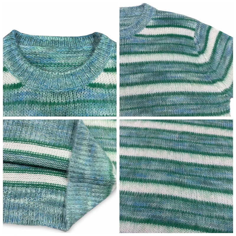 Korean Fashion Striped Patchwork Mohair Knitted Sweaters Retro Mens Oversized Knitwears Y2k Harajuku Female Round Neck Sweaters