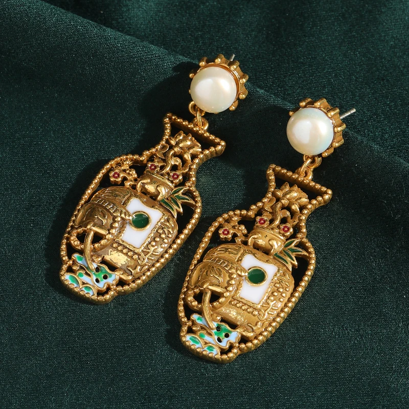 

Vintage Vase Pearl Drop Earring Exquisite Carving Gold Color Unique Quality Luxury Jewelry Designer Gifts Palace Retro New 2025