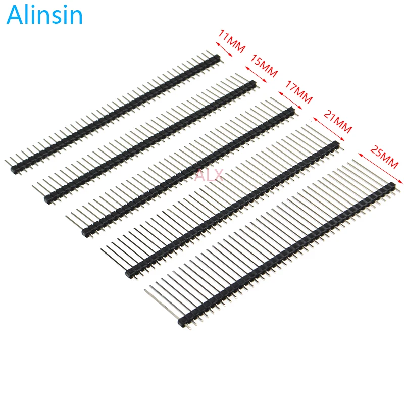 10 SZTUK 1X40 Pin Jednorzędowy MĘSKI 2.54MM PITCH 11MM/15MM/17MM/21MM/25MM LONG PIN Złącze nagłówkowe Pasek 1X40pin 1*40 40P 40Pin