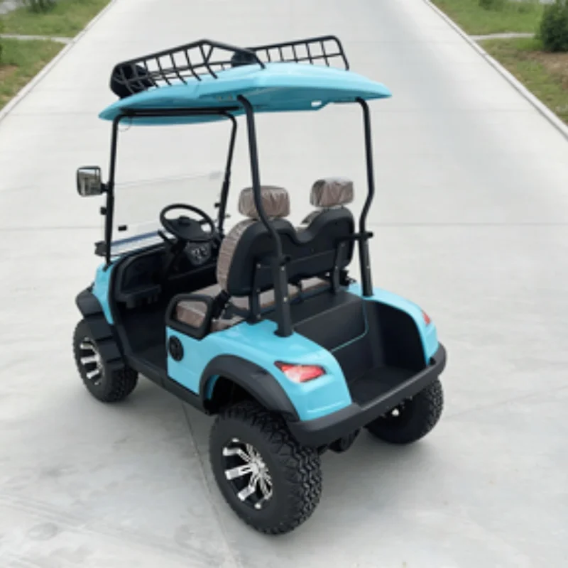 

Электрическая тележка для гольфа для взрослых, клубный автомобиль с литиевой батареей, верхняя корзина на крыше, светодиодный стул для внедорожных шин, черная кожа с подголовником