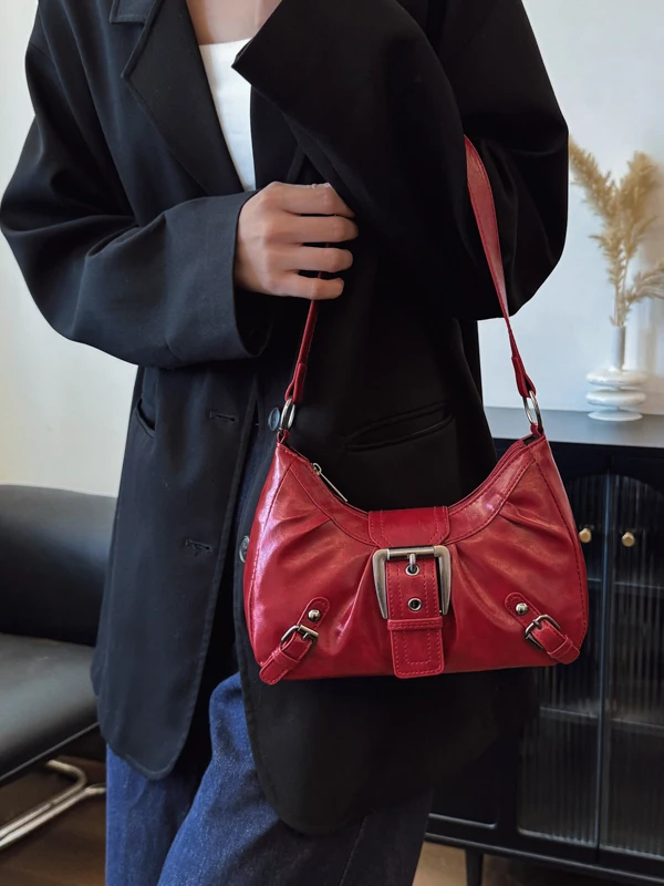 American Style Commuter Women's Bag 2025 New Single Shoulder Tote Bag Retro Vintage Underarm Motorcycle Bag Soft PU Leather