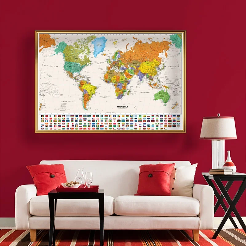 Póster de tela no tejida de 150x100cm con mapa físico del mundo para educación y cultura, pintura mural vintage, decoración del hogar