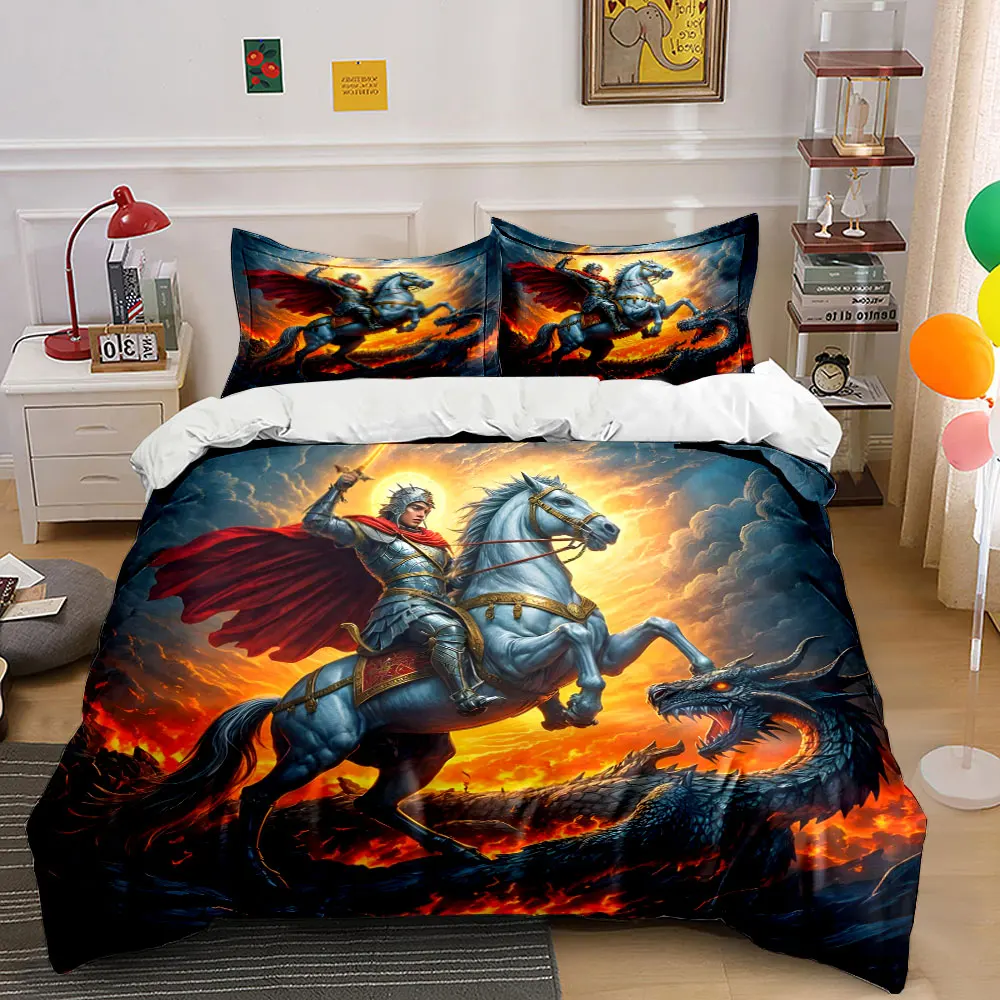 Knight Battles Dragon Amid Flames Bedding Set for Kids Luxury Gift 3pcs Digital Print Comforter Set Soft Comfortable Breathable
