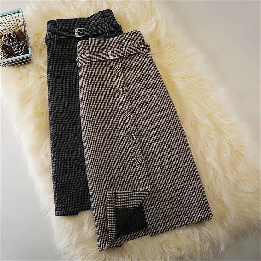 

Plaid Woolen Skirt With Belt Winter New Female High Waist Large Size Button Mid-Length Skirt Houndstooth Buttoned One-Step Skirt