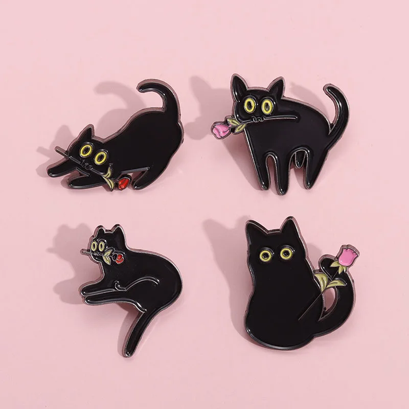 Rose Enamel Pins Custom Funny Cute Animal Brooches Lapel Badges Cartoon Punk Jewelry Gift for Friends Black Cat With