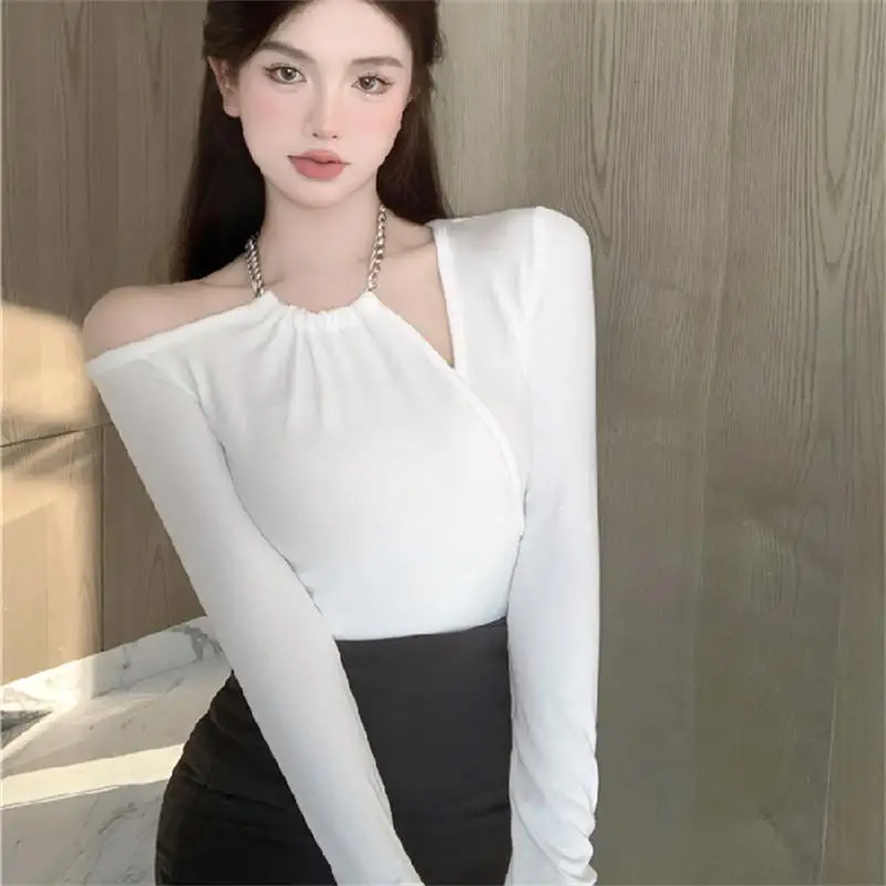 Full Sleeve T-shirt Women's Halter Design Fall/winter Sexy Slim Fit Trendy Korean Tshirt Tops For Women Off-Shoulder Clothing