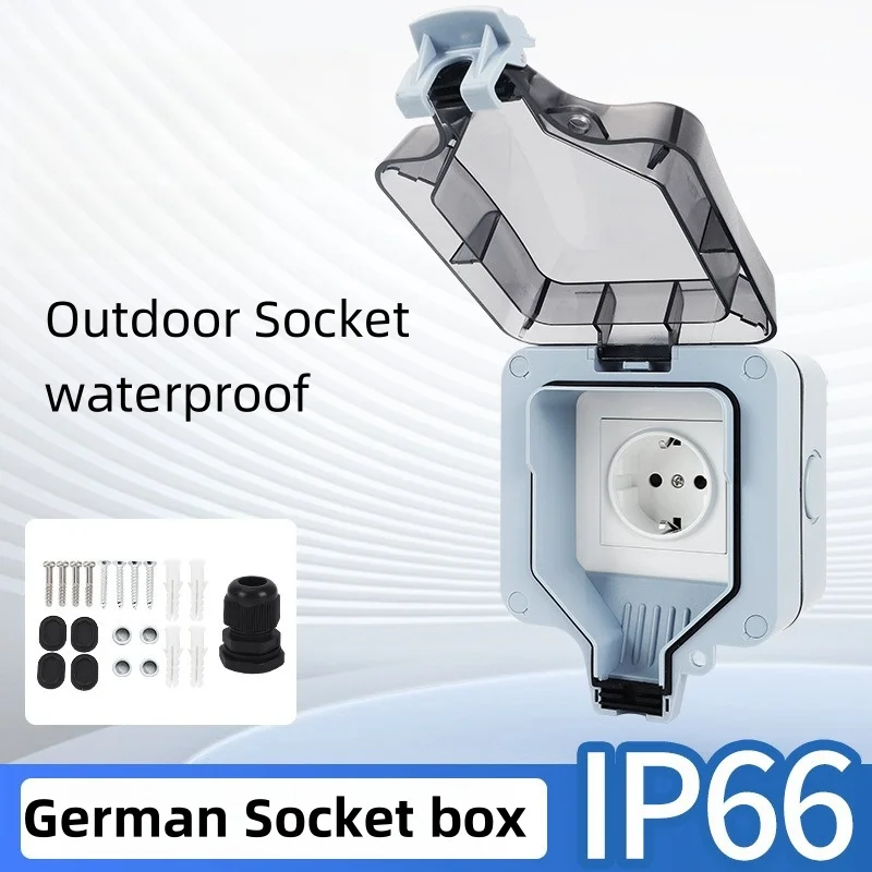 Outdoor Waterproof Socket Ip66 Eu Standard Type F Plug Power Strip Single Outlet Industrial Rain-Proof Water-Resistant Socket