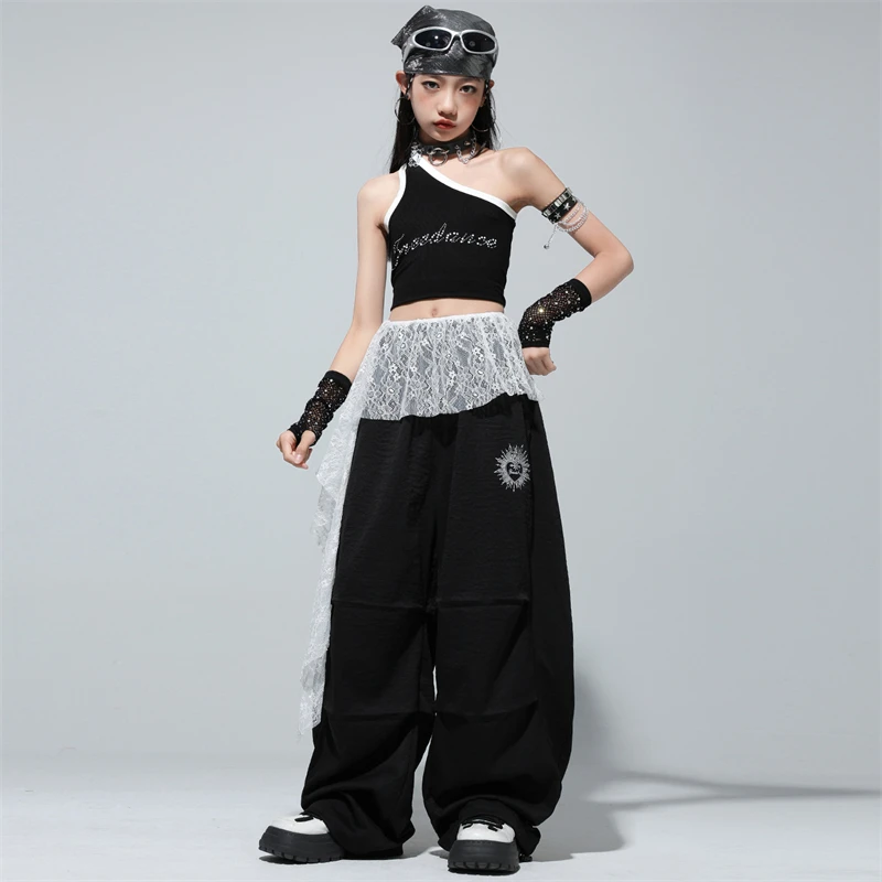 Mädchen Hip Hop Jazz Dance Anzug One-Shoulder Weste Crop Top Lange Hose Bühne Kinder Kpop Kostüme Teenager Street Performance Outfits