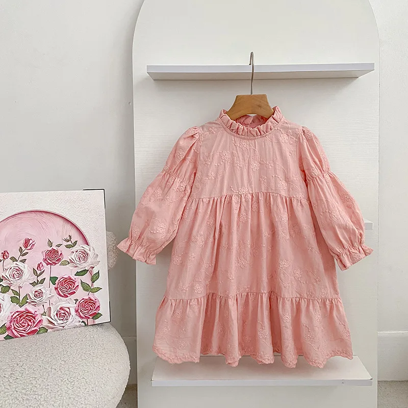

1-6Yrs Baby Girls Dress Flower Embroidery Dress Ruffled Collar Infant Girls Toddler Outfit Autumn Cotton Kids Princess Dresses