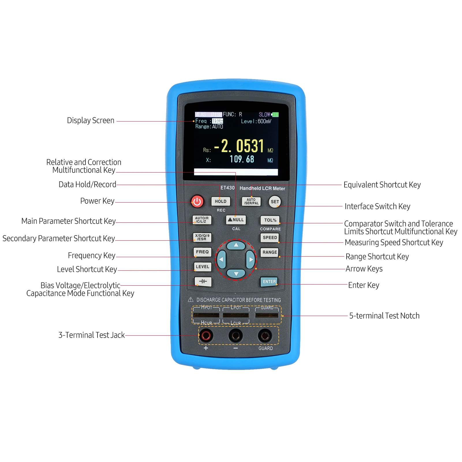 핸드헬드 LCR 미터 100kHz 디지털 멀티미터 인덕턴스 커패시턴스 저항 0.6 Vrms 측정용 2.5인치 LCD