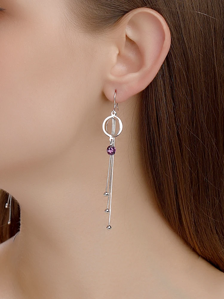 

Elegant Fashion Long Silver S925 Earring Korean Style Female Flowing Tassel Ear Pendant Purple Clip On No Piercing