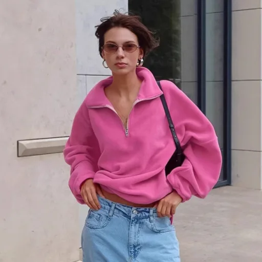 Jesienno-zimowy amerykański sweter polarowy w kolorze różowym, damski jesienno-zimowy gruby, luźny sweter z klapami, kurtka.