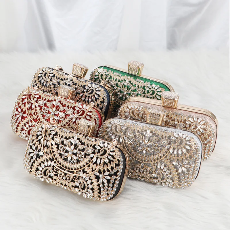 Diamond Evening Clutch For Women Wedding Mini Purse Chain Shoulder Bag Small Hollow Out Flowers Crystal Party Handbag