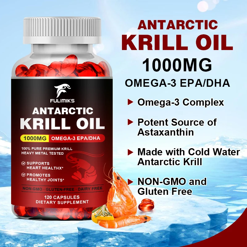 Antarctic Krill Oil -1000mg Omega 3 Supplement with EPA, DHA, Astaxanthin&Phospholipids, Supports Heart, Brain, Joint&Eye Health