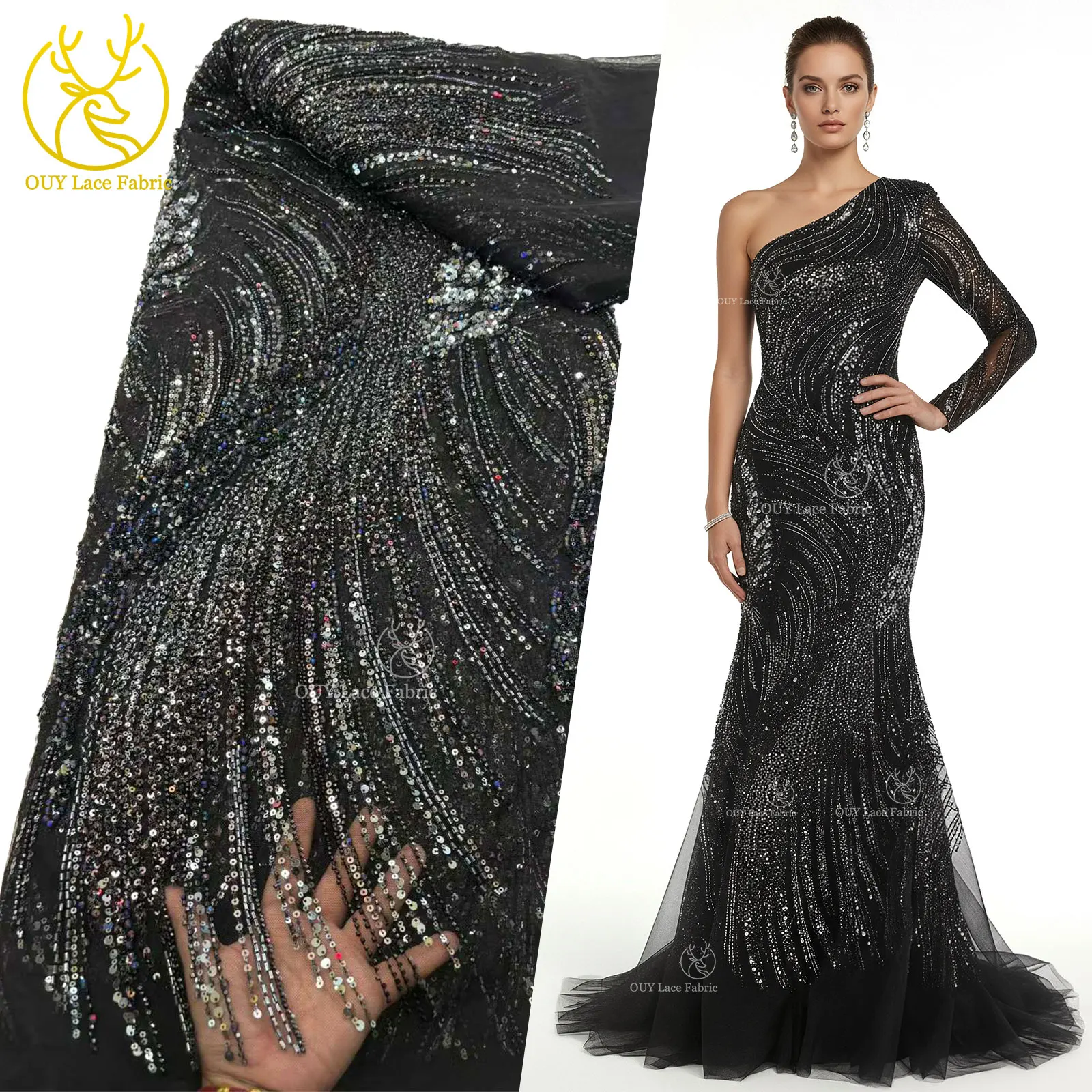 

Latest African Beaded Embroidery Lace Fabric 2026 High-Quality Luxury Nigerian Sequined Lace Sewing Supplies & Fabric 5 Yards