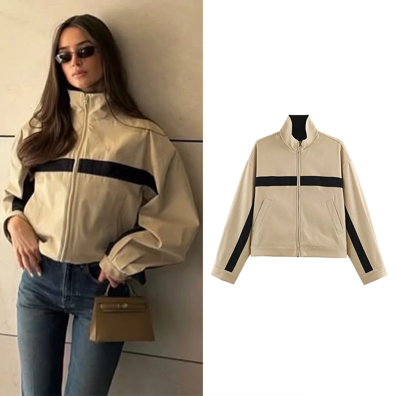 Women's Jacket 2026 New Autumn Winter Long Sleeve Stand Collar Color-Block Zip Jacket Casaul Chic Women Outerwear