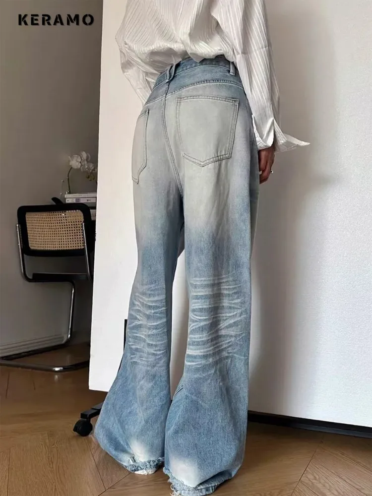 American Retro High Taille übergroße Jeans Frauen lässig Baggy Pocket Y2k zerrissene Hose weites Bein Grunge Street Solid Denim Hose