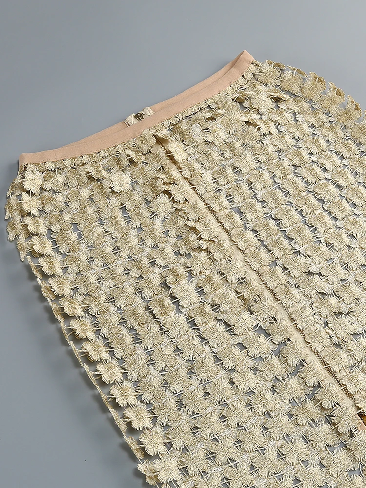 VC スタイリッシュなベージュのノースリーブ クロップド トップ & シアー スカート セット ジッパー付き フェスティバル & パーティー シックなドレス ガウン用