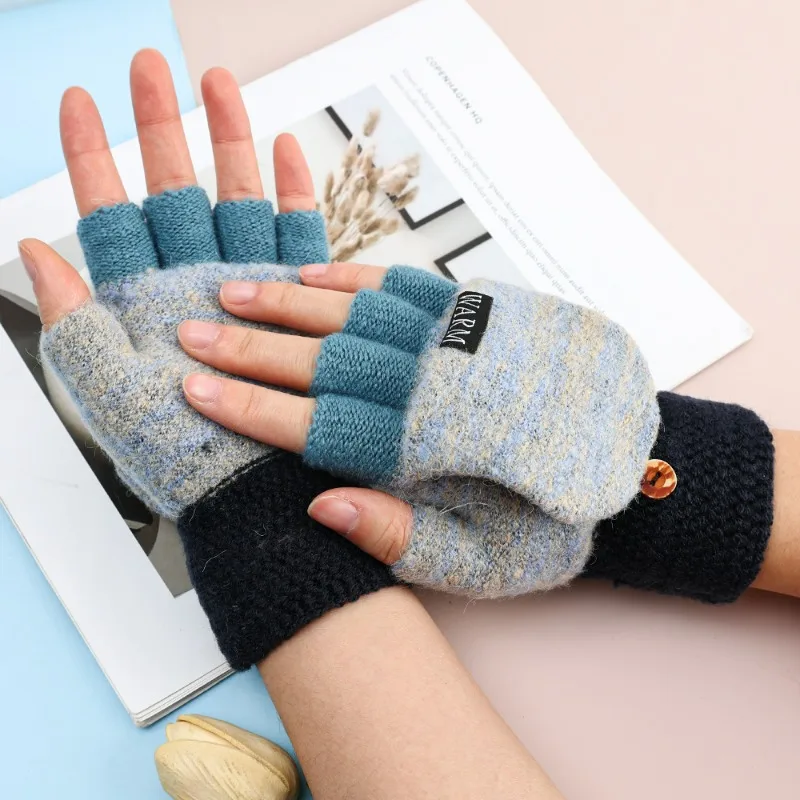 Warm Knitted Flip Fingerless Gloves Girls Exposed Harf Finger Mittens Winter Thickened Glove Knitting Wool Touchscreen Gloves