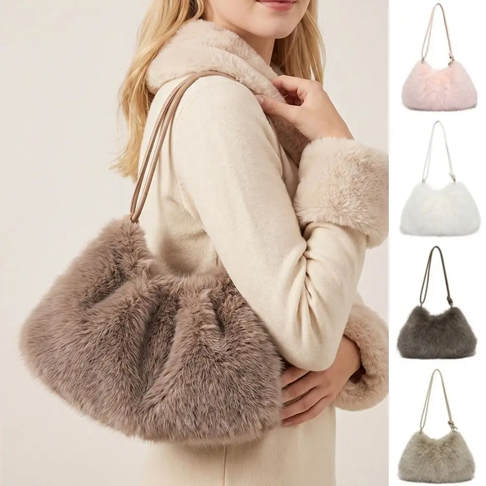 Retro Solid Color Fluffy Shoulder Bag Warm Zipper Tote Bag Large Capacity Korean Style Faux Fur Hobo Bag Shopping