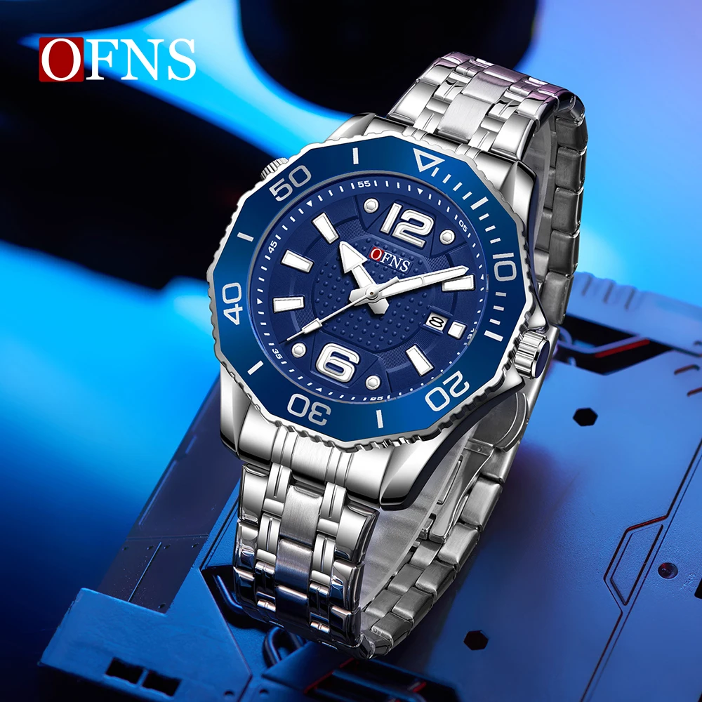 OFNS 1625 Casual Men's Quartz Wristwatch Calendar Luminous Waterproof Steel Strap Fashion Sports Watches for Man