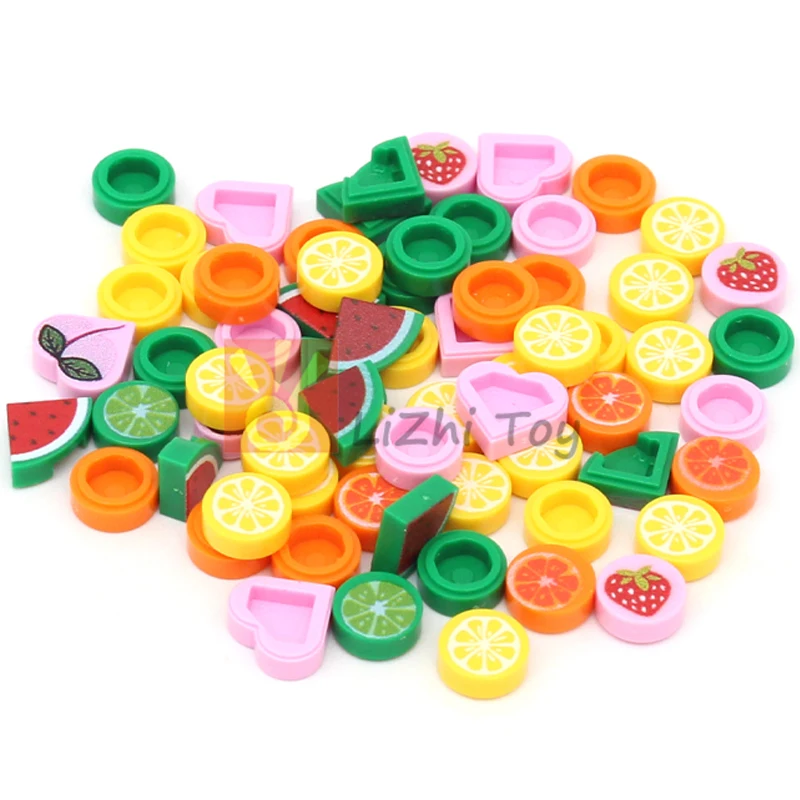 10pcs MOC Pattern Brick Watermelon Strawberry Slice Lemon Orange Fruit Building Block Compatible 25269 39739 98138 Accessory Toy