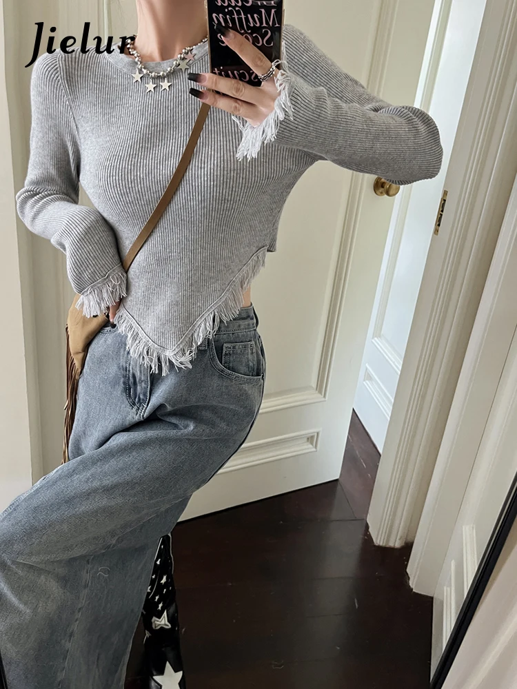 Jielur Autumn New Solid Color Slim Tassel Pullovers Woman Sweet Ladies Street Knitted Pullovers Grey Black Simple Top Female