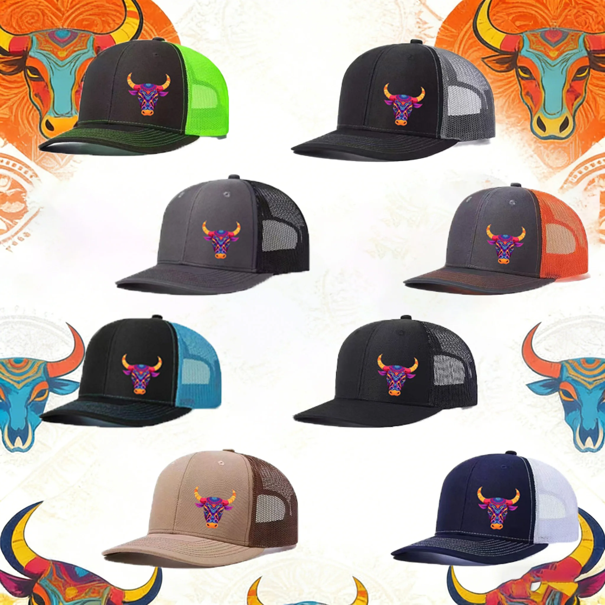 1PC Boho Tribal Bull Trucker Hat, Neon Green Contrast, Ethnic Aesthetic Cap for Skateboarding