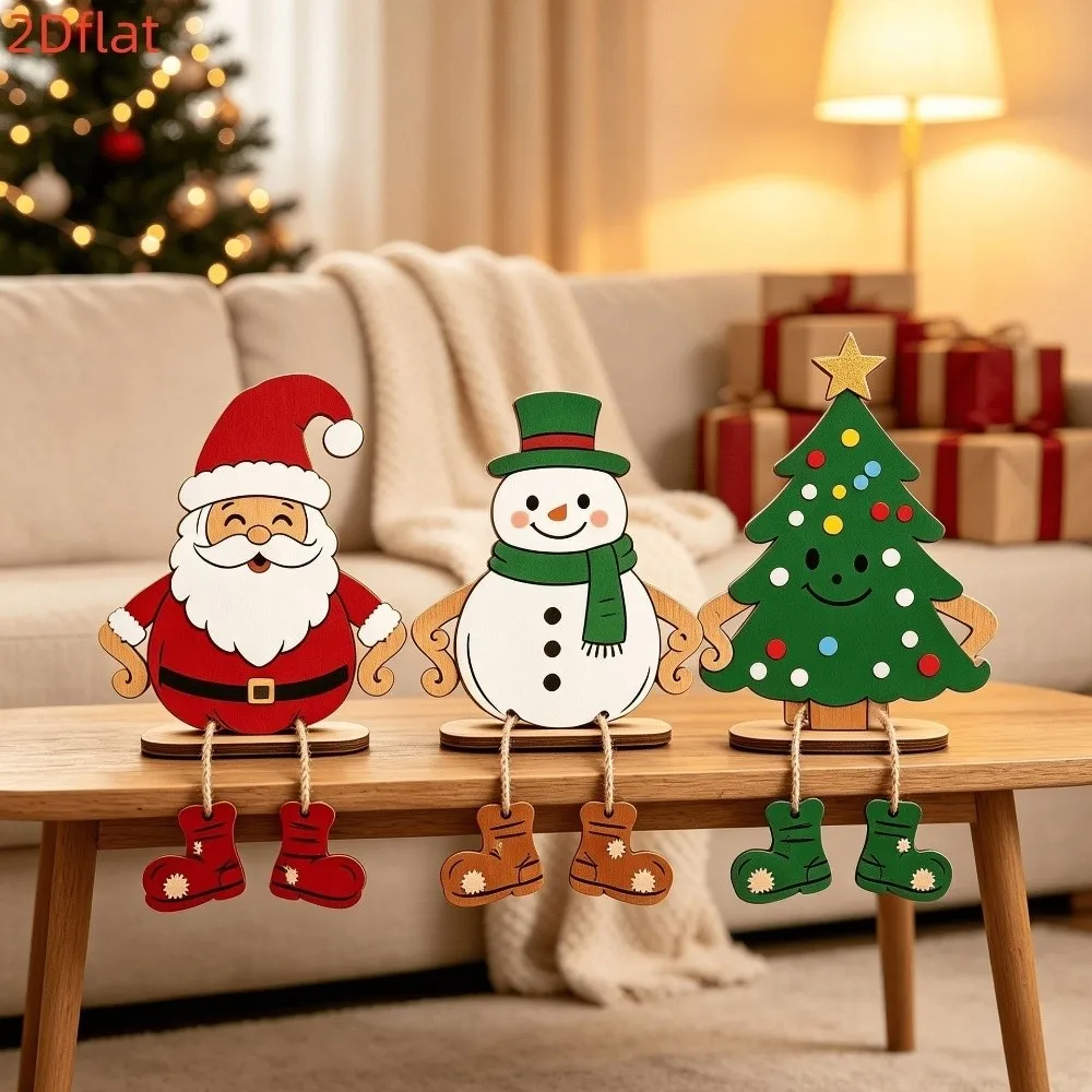 3Pcs Self Standing Santa Snowman Tree Ornament Handmade Craft Cartoon Style Dangling Leg Wood Figurine Vintage Rustic