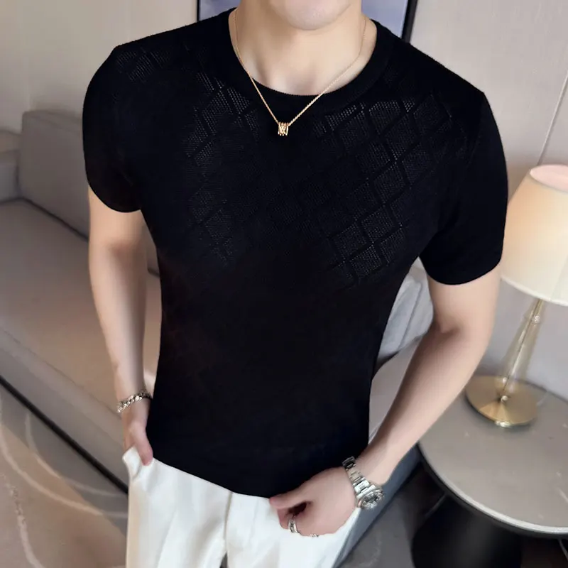 2022 Summer Slim Fit T-Shirt Men\'s High Quality Plaid Fashion Solid Color Casual Round Neck Knit Short Sleeve Top T-Shirt Male