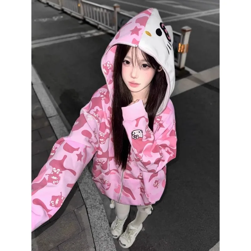 

Sanrio Hello Kitty мультяшный свитер на молнии с капюшоном Kawaii Y2K кардиган для пары из чистого хлопка камуфляжная куртка модный рождественский подарок