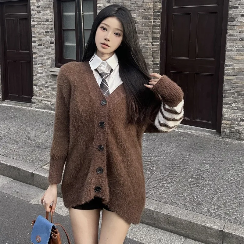 Imitation Mink Fur V-Neck Long Sleeved Knitted Cardigan For Women In Early Autumn 2023 New Versatile Loose And Slimming Sweater