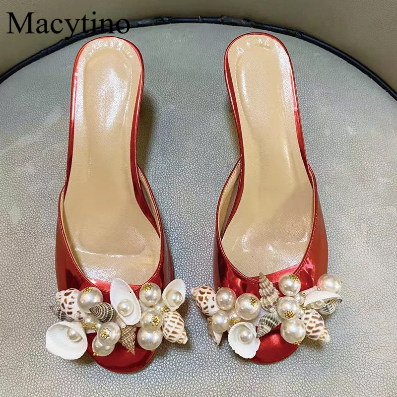 Conch Flower Pearl Decoration Ladies High Heel Slippers Round Toe Drill Heel 6CM Heel Fashion Party Summer Slippers