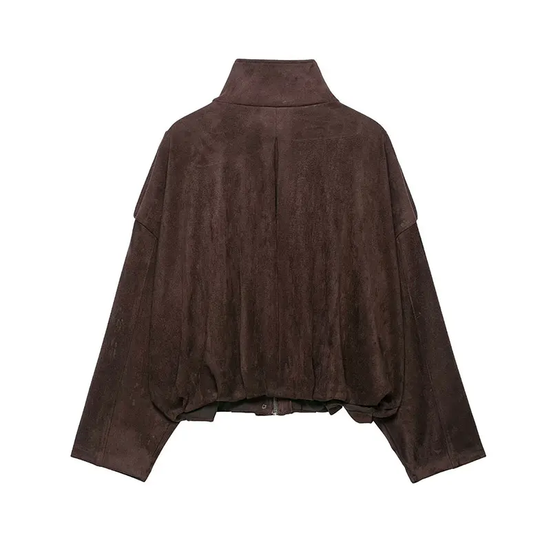 TFAFXY 2026 Autumn Casual Chic Suede Jacket Women Zipper Stand Collar Long Sleeve Short Loose Coats Fashion Jackets