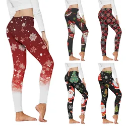 Women Xmas Christmas Leggings Stretch Hight Waist Striped Color Gradient 3d Snowflake Plaid Printing Pants Sports Trousers 2023