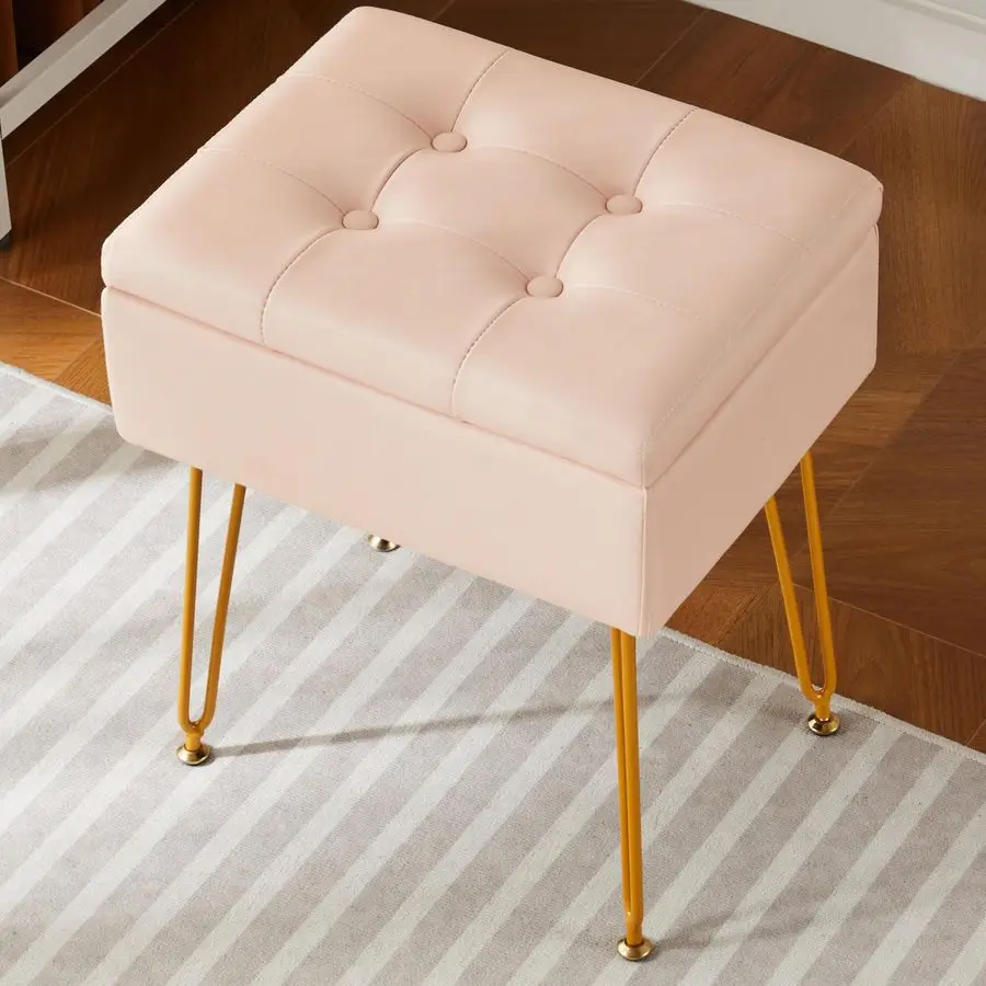 

Vanity Stool Chair with Storage, Small Storage Ottoman Stool for Vanity Bathroom Bedroom, Pink Faux Leather Makeup Chair