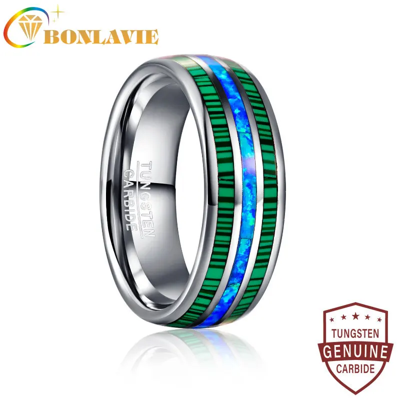 8mm Tungsten Carbide Steel Ring Steel Dome Malachite Blue Opal Wedding Jewelry Ring For Men Wholesale