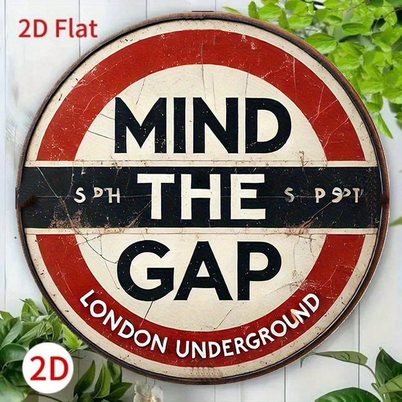 Letrero de aluminio subterráneo de Londres "Beware the Gap" vintage, decoración de pared redonda de 8.0 x 8.0 in, diseño rústico en rojo y blanco con texto negro